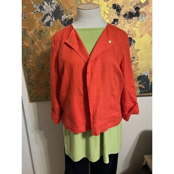 Chicos Womens Large 2 Jacket Orange Open Front 100% Linen Roll Tab Sleeves - Picture 1 of 6